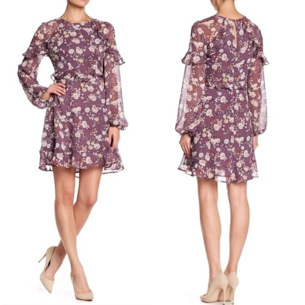 ASTR Floral Ruffle Chiffon Mini Dress M Purple Semi Sheer Long Sleeve Romantic
